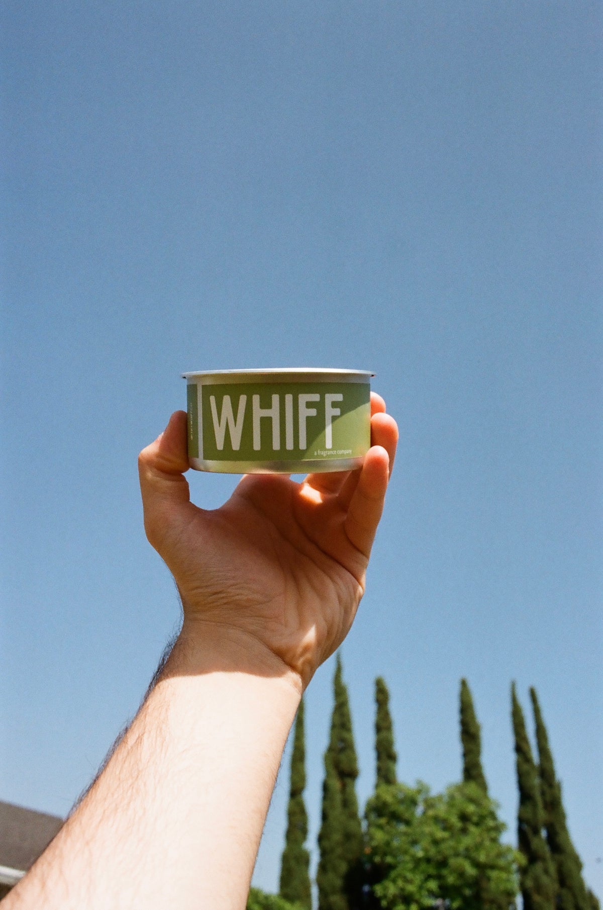 A hand holding a small green can of WHIFF CANDLE against a clear blue sky with cypress trees in the background.
