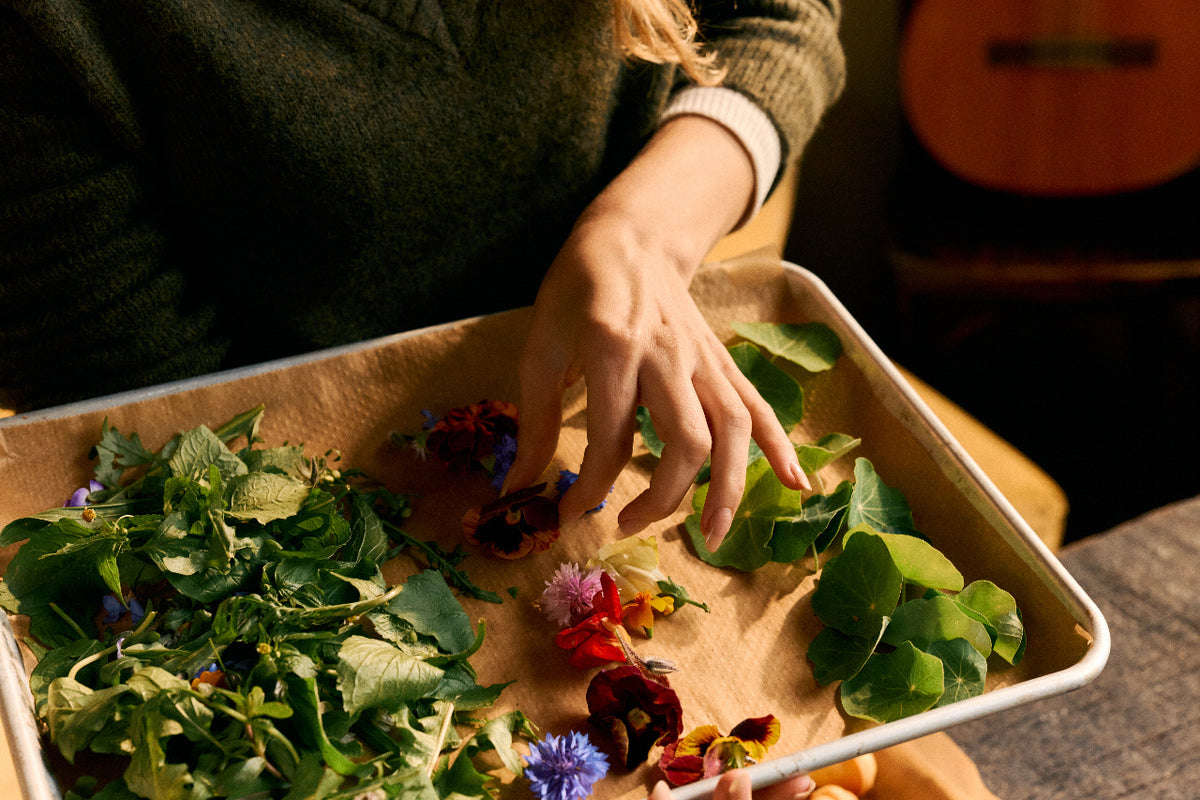 Person arranging herbs and leaves on a tray with a guitar in the background